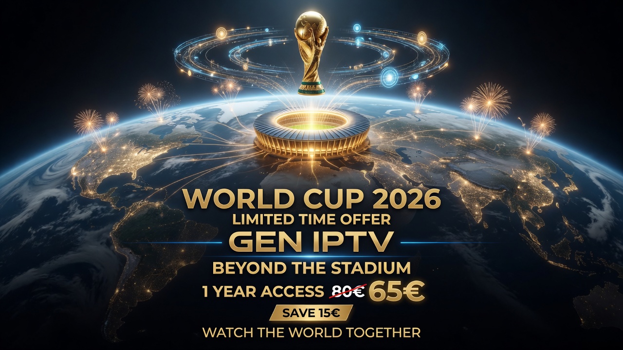 World Cup 2026 promotional banner for IPTV offer featuring a glowing stadium on a lit Earth with a gold trophy above it and fireworks railings around the globe (brand: GEN IPTV).