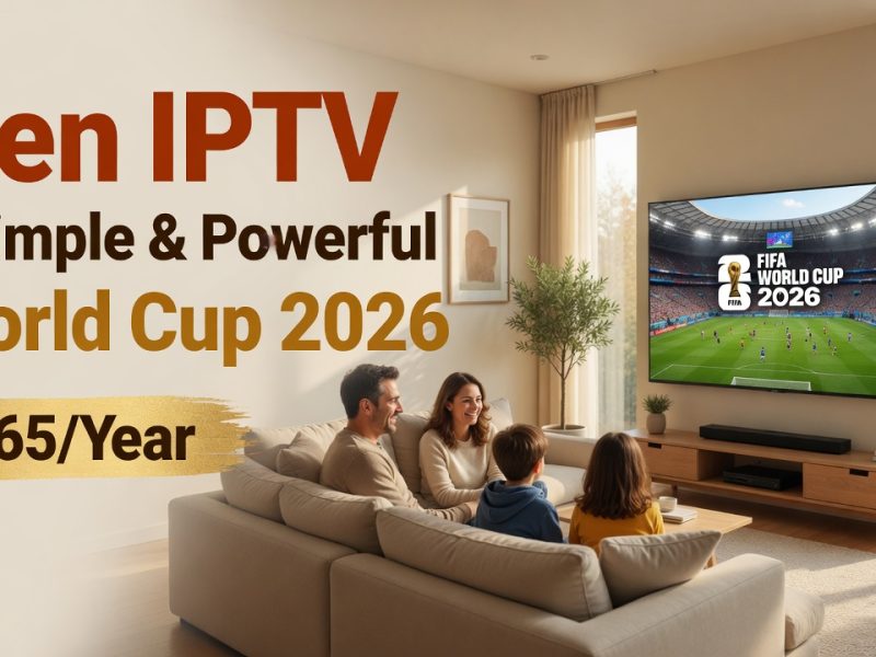 Advertisement for Gen IPTV: a family watches World Cup 2026 on a large wall TV in a cozy living room, price €65/year.
