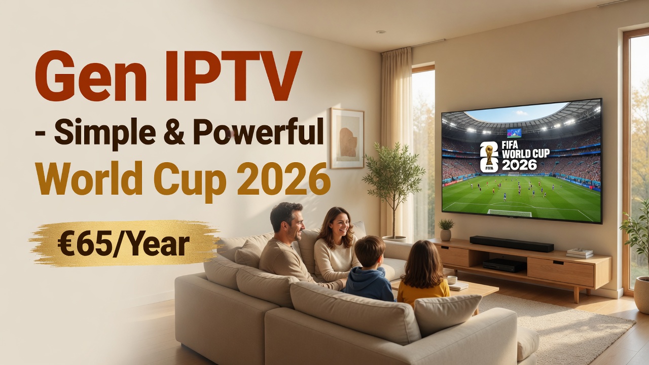 Advertisement for Gen IPTV: a family watches World Cup 2026 on a large wall TV in a cozy living room, price €65/year.